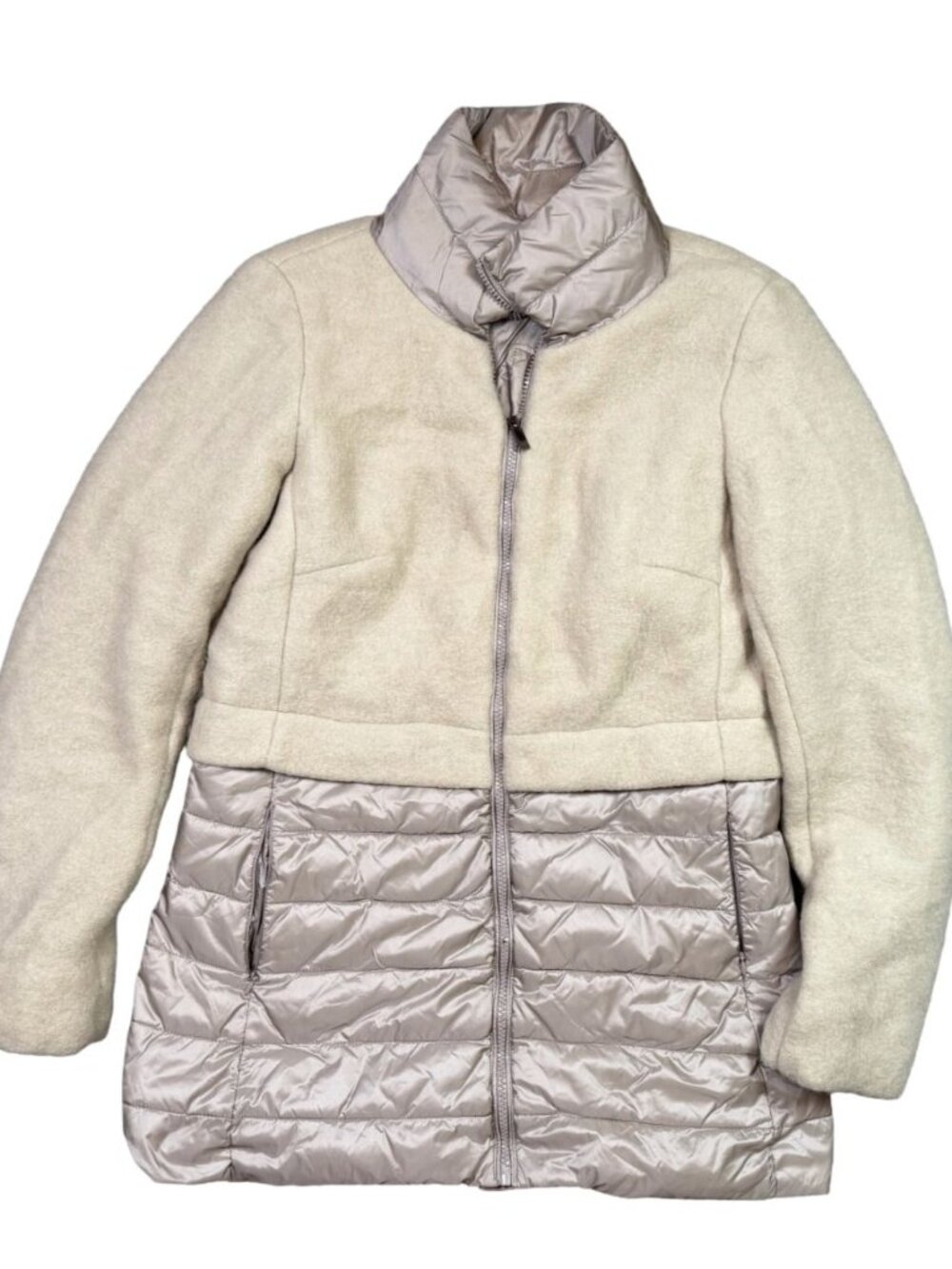Renuar Puffer Coat Womens M Cream Wool Blend Quilted Jacket Zip Up Colorblock